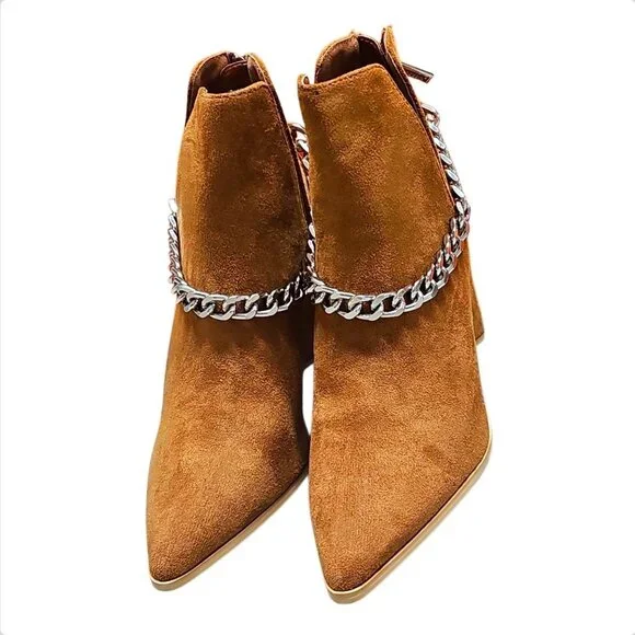 Tan Faux Suede Pointed Toe Ankle Boots With Silver Chain Detail & Block Heel - Picture 2 of 8